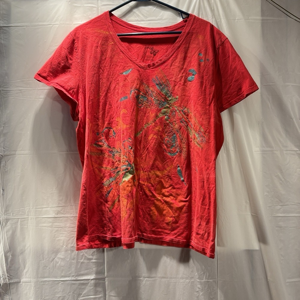 JMS Just My Size Knit Top Women's Plus Size 2X Short Sleeve Red V Neck Design